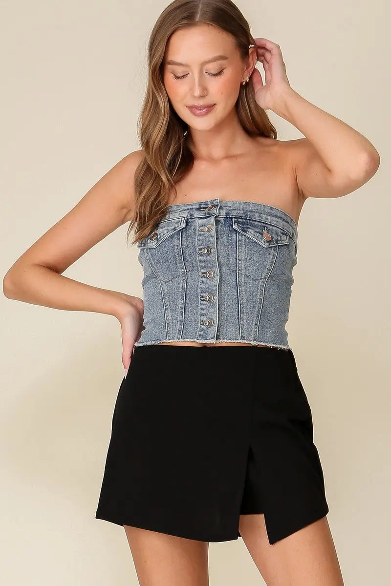Timing Inc. Denim Darlin’ Corset – Strapless Button-Down Denim Bustier Top TIMING INC
