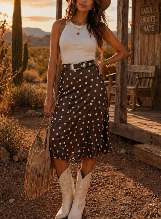 Timing Colette Midi Dot Skirt – High-Waisted Satin Skirt TIMING INC