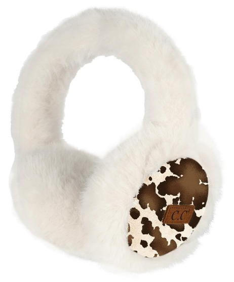 Women's CC Cow Print Faux Suede Earmuffs – Cozy Winter Style CHEVEUX CORP.