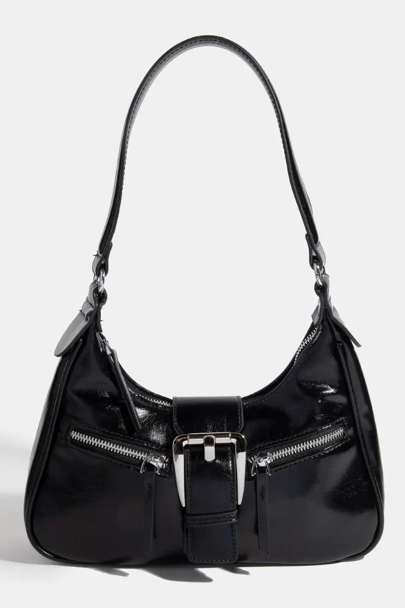 Fame Accessories Becky Buckle Purse – Modern Triple Zip Shoulder Bag BLACK FAME ACCESSORIES