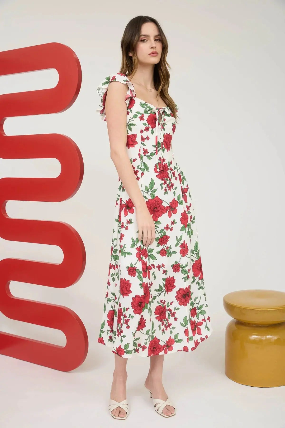 Blu Pepper Rose Garden Dress – Floral A-Line Midi with Sweetheart Neckline  CREAM-MULTI-L  BLU PEPPER