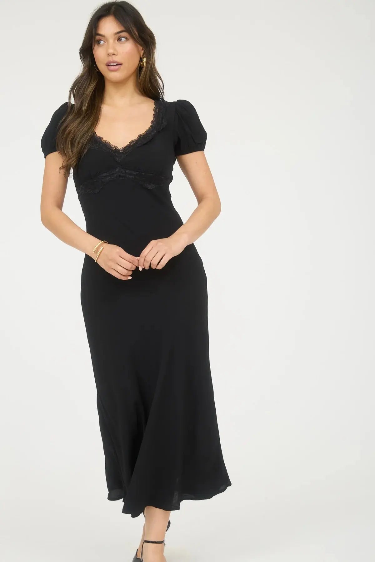 Blu Pepper Dreaming Of You Dress – Puff Sleeve Midi with Lace Trim BLU PEPPER