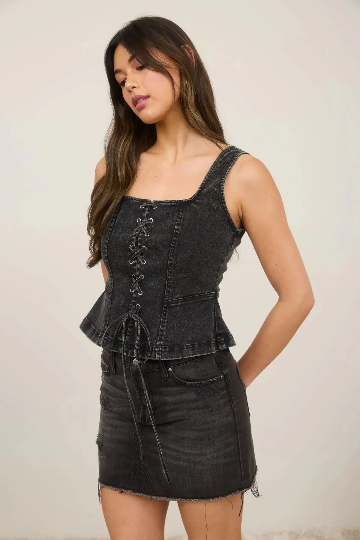 Blu Pepper Gina Denim Top – Lace Up, Square Neck, Ruffle Hem BLU PEPPER
