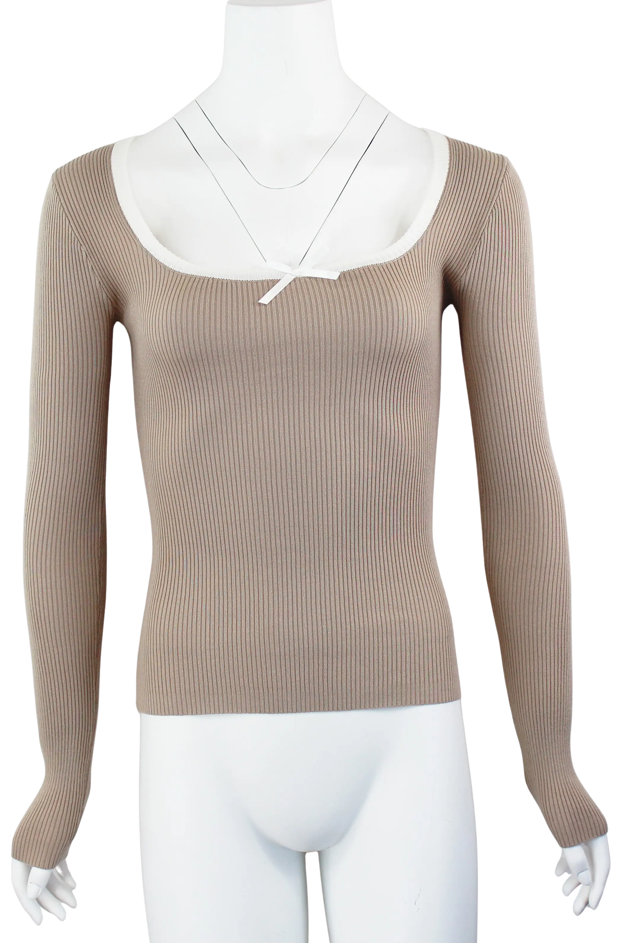 Timing Inc. Kyle SQ Neck Top w/Tie – Ribbed Long Sleeve Knit Top with Contrast Neckline  BEIGE-IVORY-L  TIMING INC