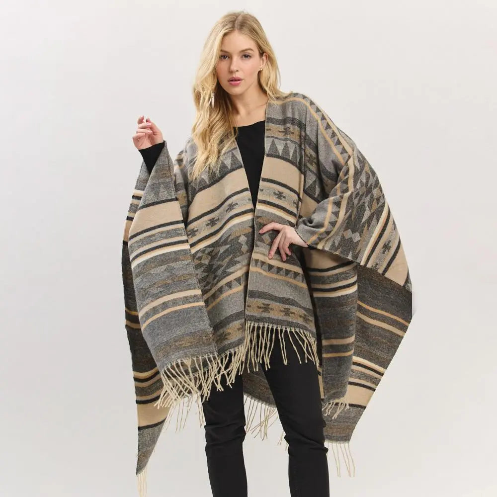 Joia Accessories Lucy Aztec Pattern Fringe Shaw Sweater – Boho Chic & Cozy  BLACK / O/S  JOIA TRADING CO.