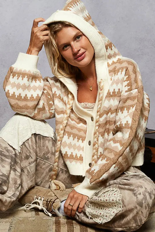 Pol Clothing Autumn In The Desert Cardigan – Chevron Knit Hooded Sweater    POL CLOTHING, INC