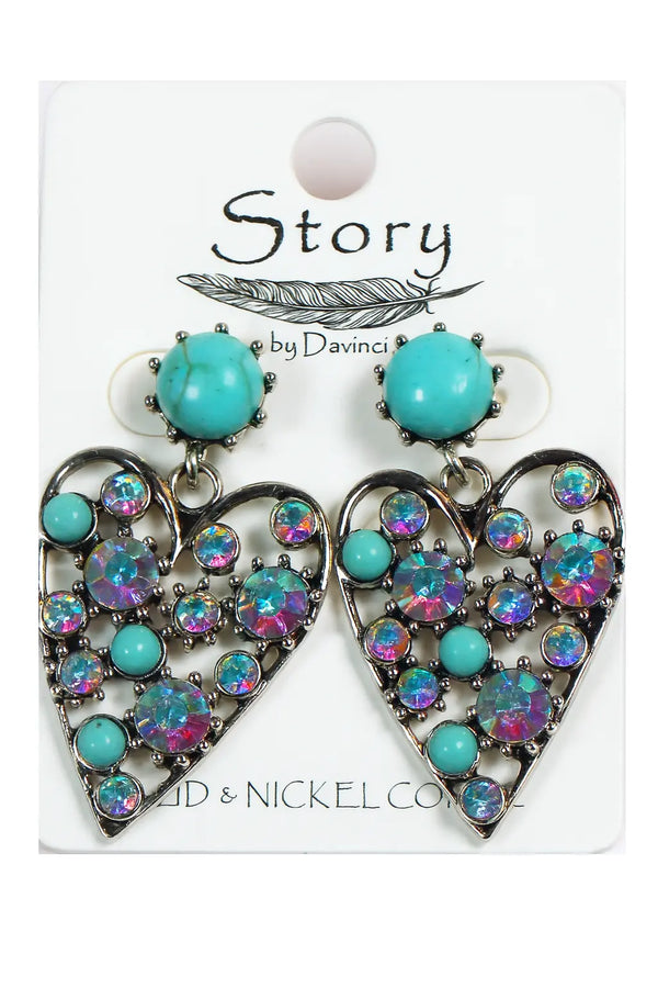 Joia Accessories Aria Stud Western Earrings – Heart Design with Turquoise & Crystals    JOIA TRADING CO.
