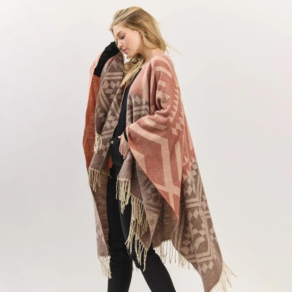 Joia Accessories Lucy Aztec Pattern Fringe Shaw Sweater – Boho Chic & Cozy    JOIA TRADING CO.