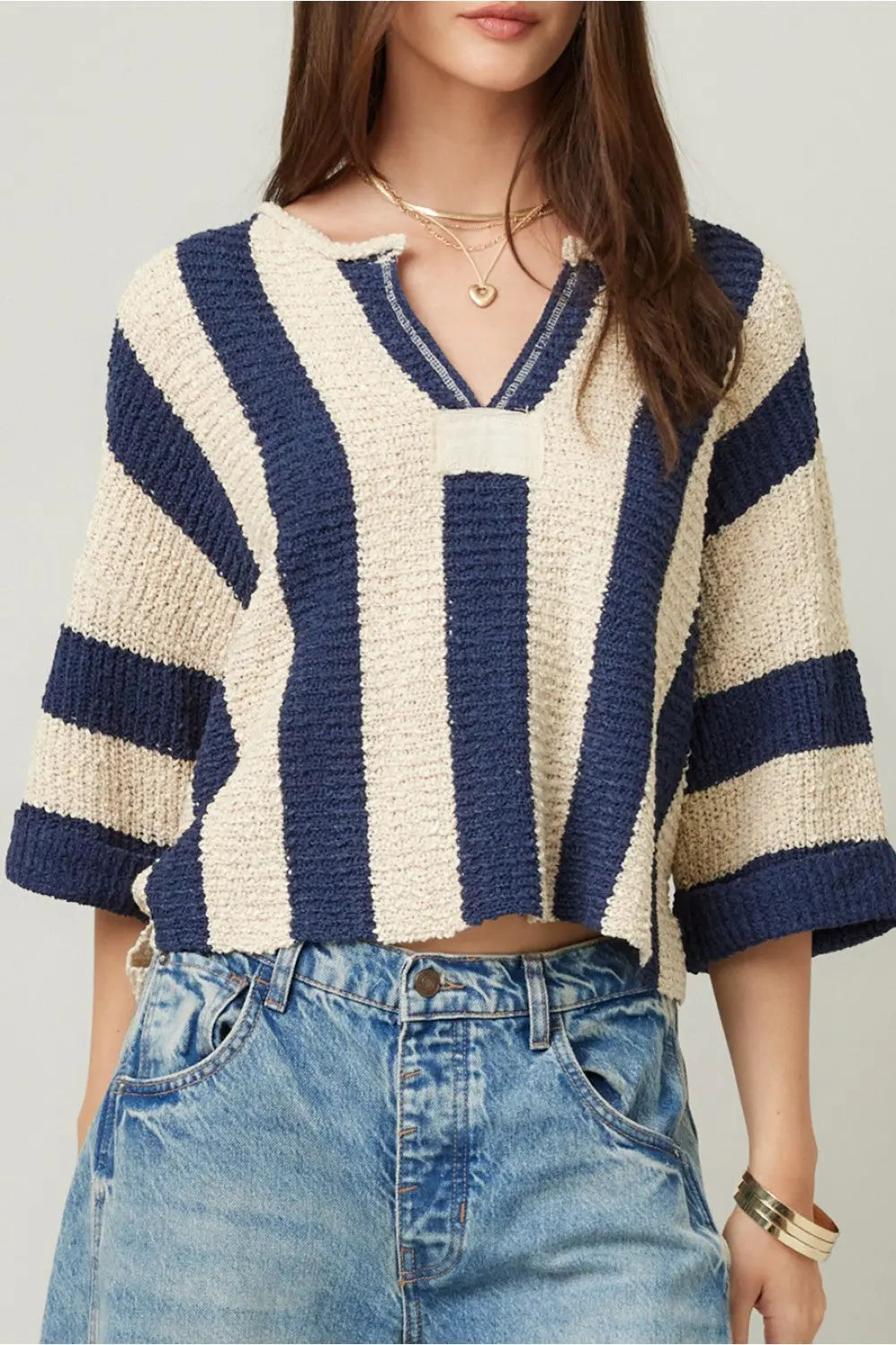Illa Illa Sailing The Sunset Top – Cropped Striped Knit Sweater  NAVY / L  ILLA ILLA