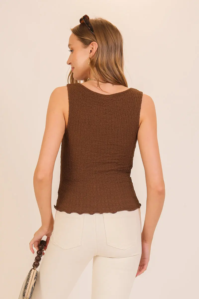 Timing Inc. Espresso Days Top – Smocked Tank with Sweetheart Neckline    TIMING INC