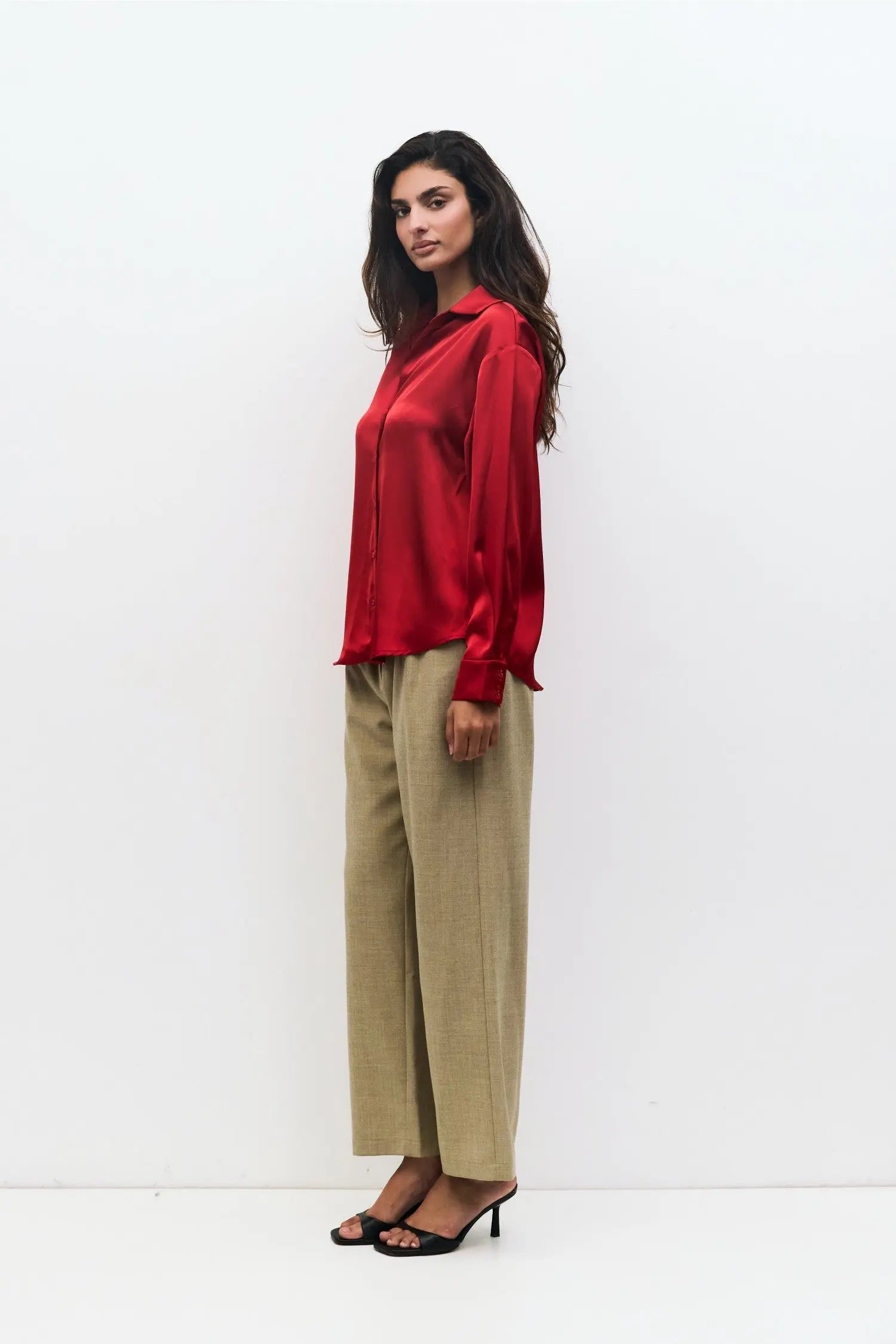 Mod Ref Irina Button Down Top – Satin Long Sleeve Blouse    MOD REF