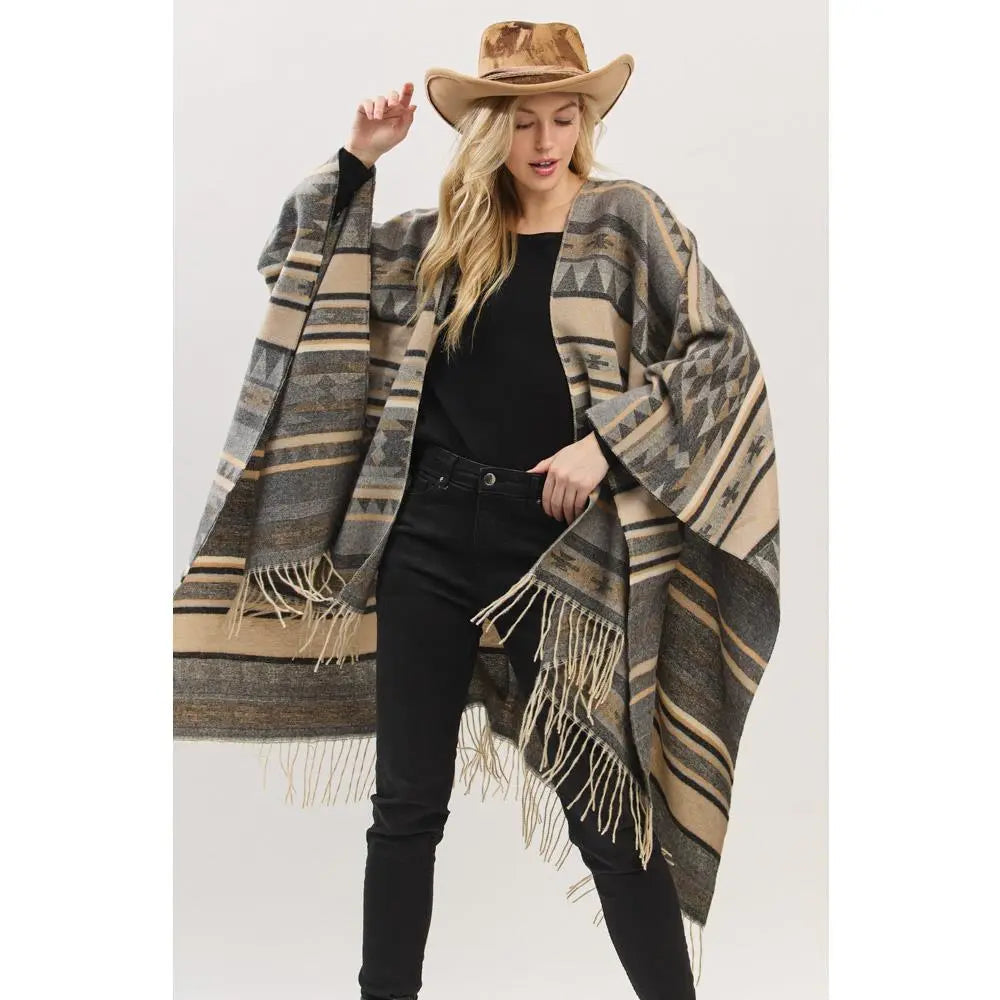 Joia Accessories Lucy Aztec Pattern Fringe Shaw Sweater – Boho Chic & Cozy    JOIA TRADING CO.