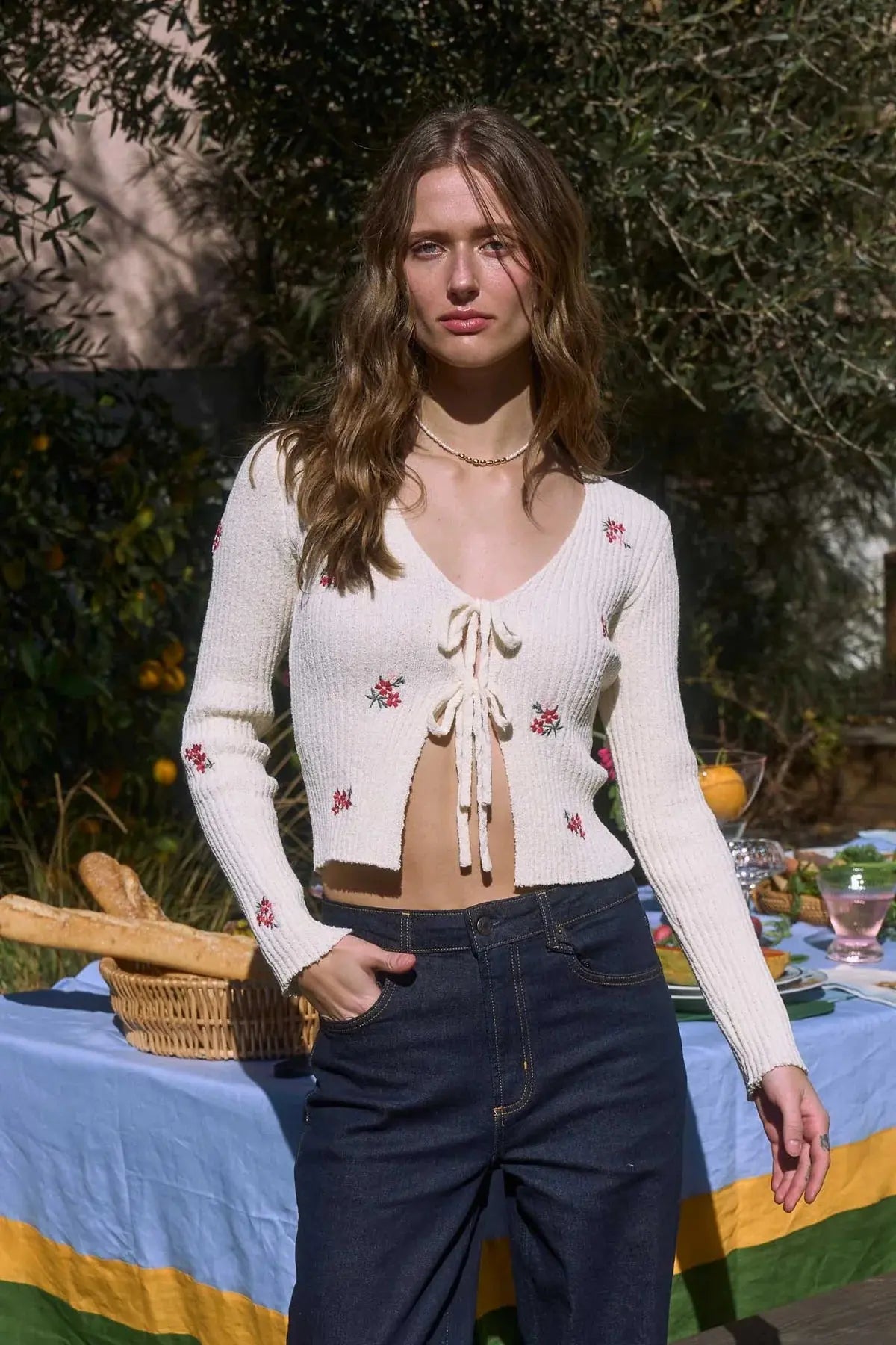 Blu Pepper Taylor Cardigan – Floral Embroidered Tie-Front Sweater  CREAM-MULTI-L  BLU PEPPER