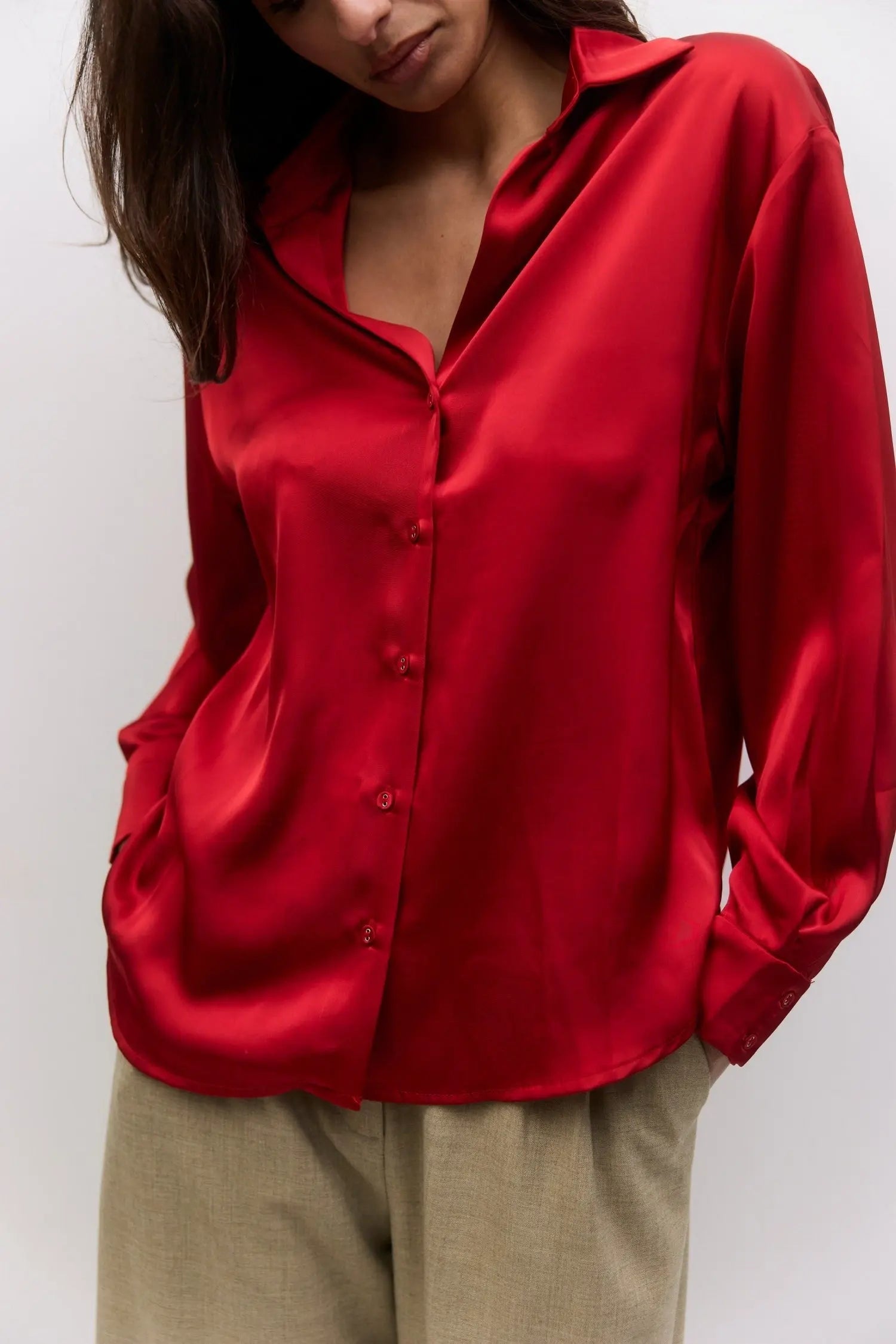 Mod Ref Irina Button Down Top – Satin Long Sleeve Blouse    MOD REF