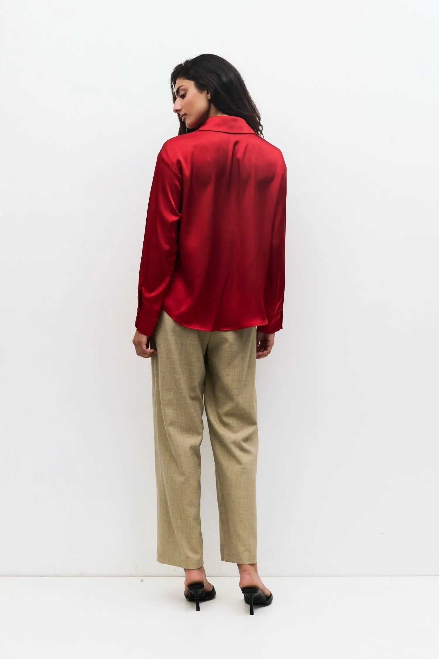 Mod Ref Irina Button Down Top – Satin Long Sleeve Blouse    MOD REF