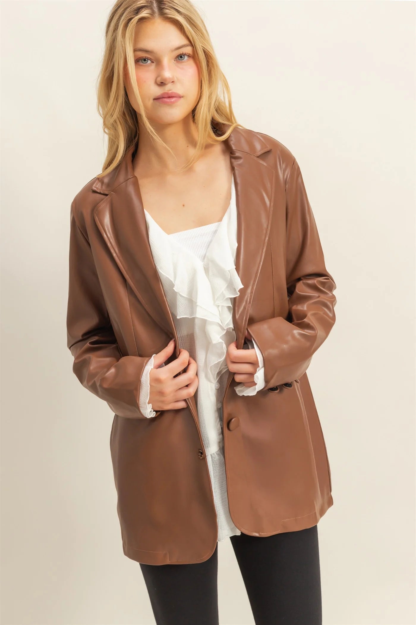 Hyfive Manhattan Nightfall Leather Blazer – Oversized PU Jacket    HYFIVE INC