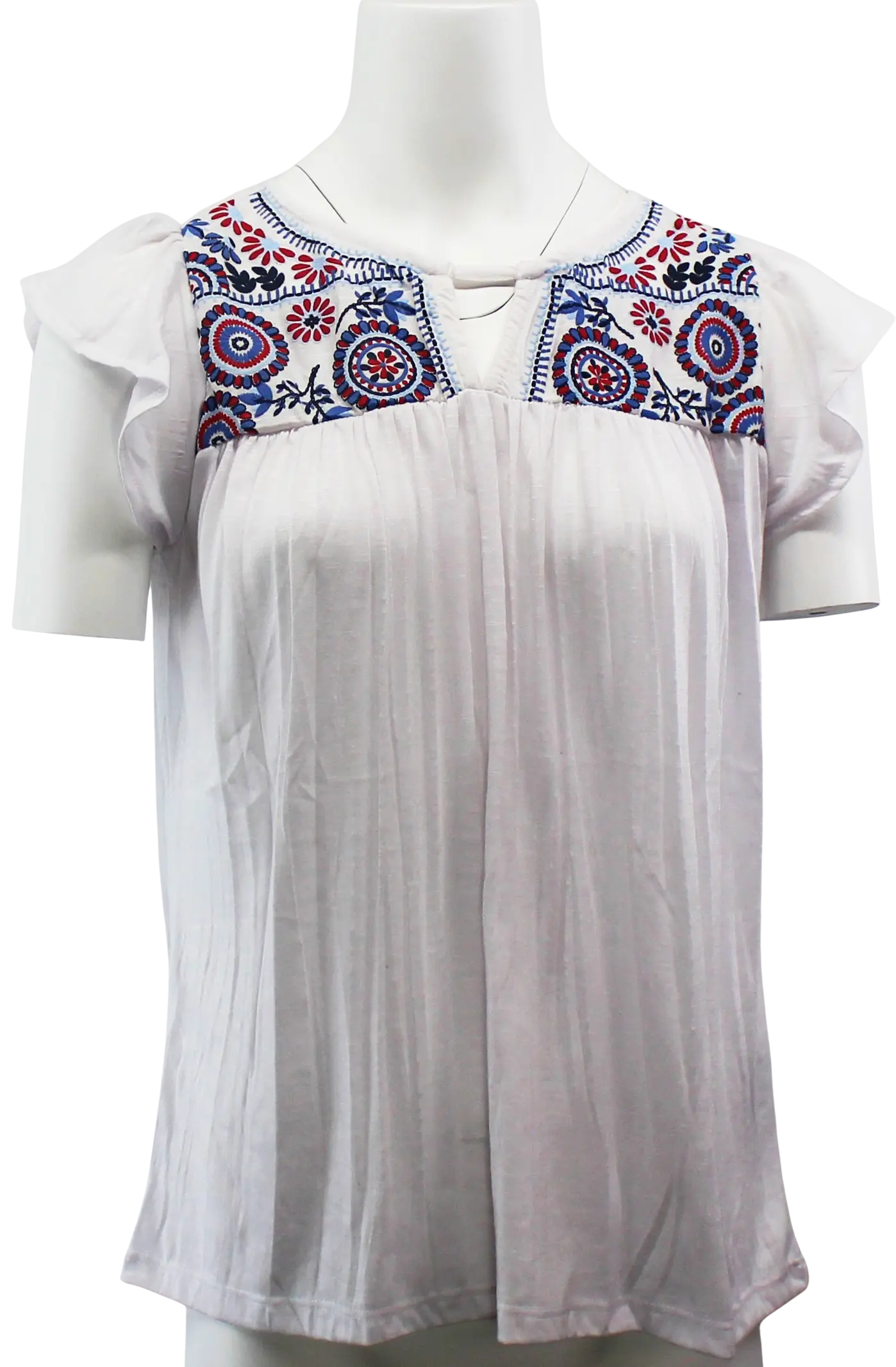 Keren Hart April Knit Woven Top – Embroidered Flutter Sleeve Blouse for Effortless Warm-Weather Style  WHITE-MULTI-XL  KEREN HART