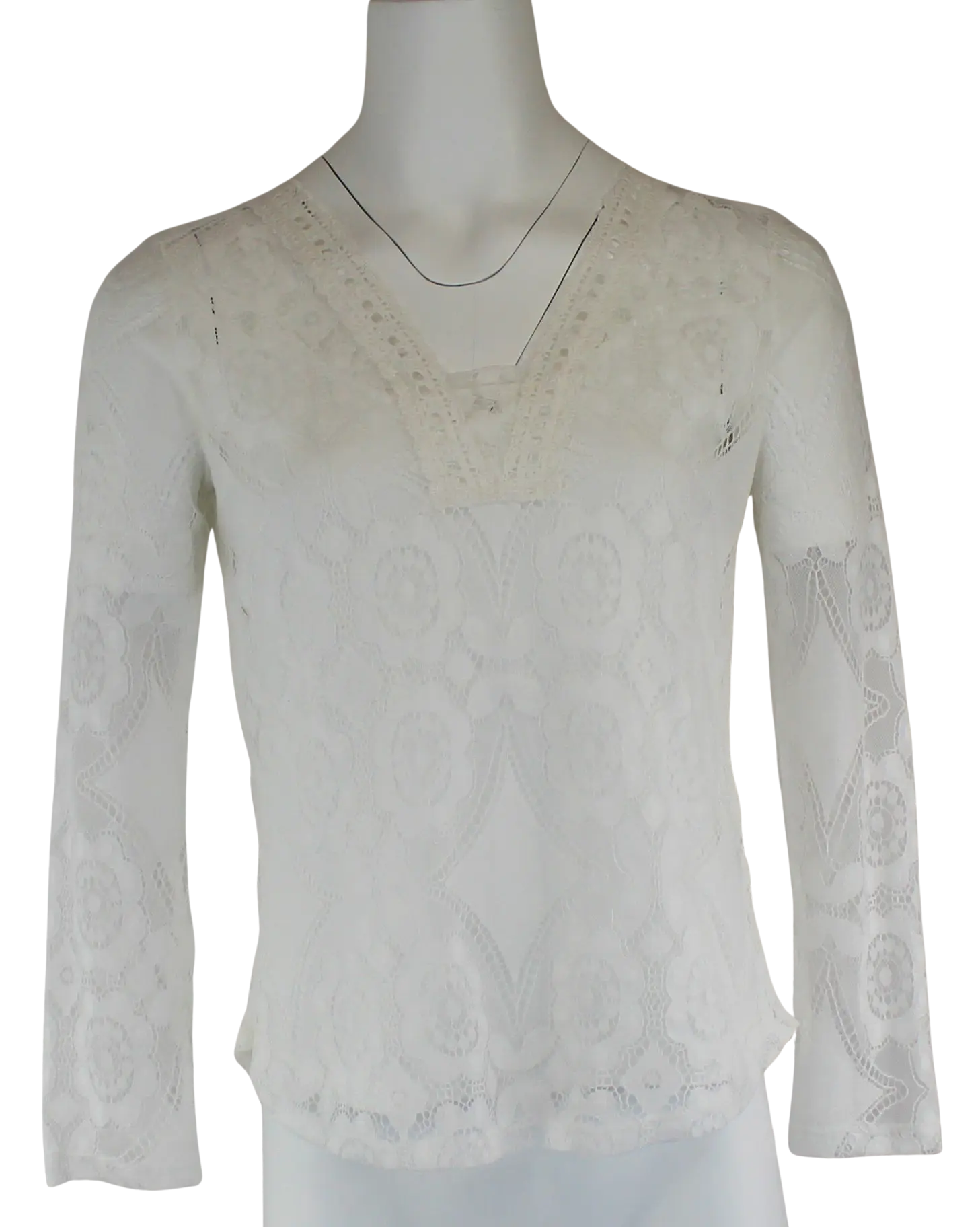 Keren Hart Hey June L/S Lace Top – V-Neck Crochet Trim Blouse  WHITE / XL  KEREN HART