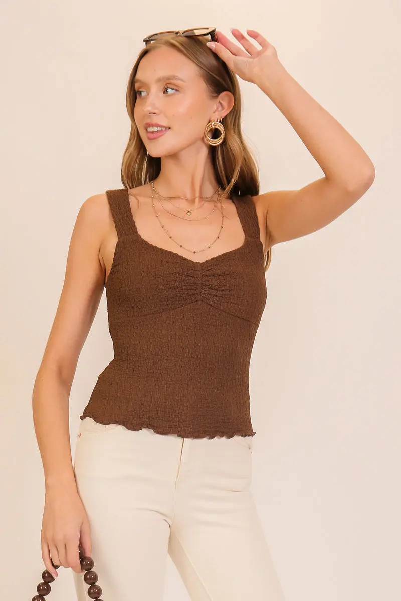 Timing Inc. Espresso Days Top – Smocked Tank with Sweetheart Neckline  DARK MOCHA / L  TIMING INC