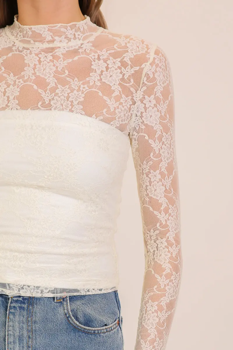 Timing Inc. Gardenveil Lace Top – Elegant Sheer Lace High-Neck Blouse    TIMING INC