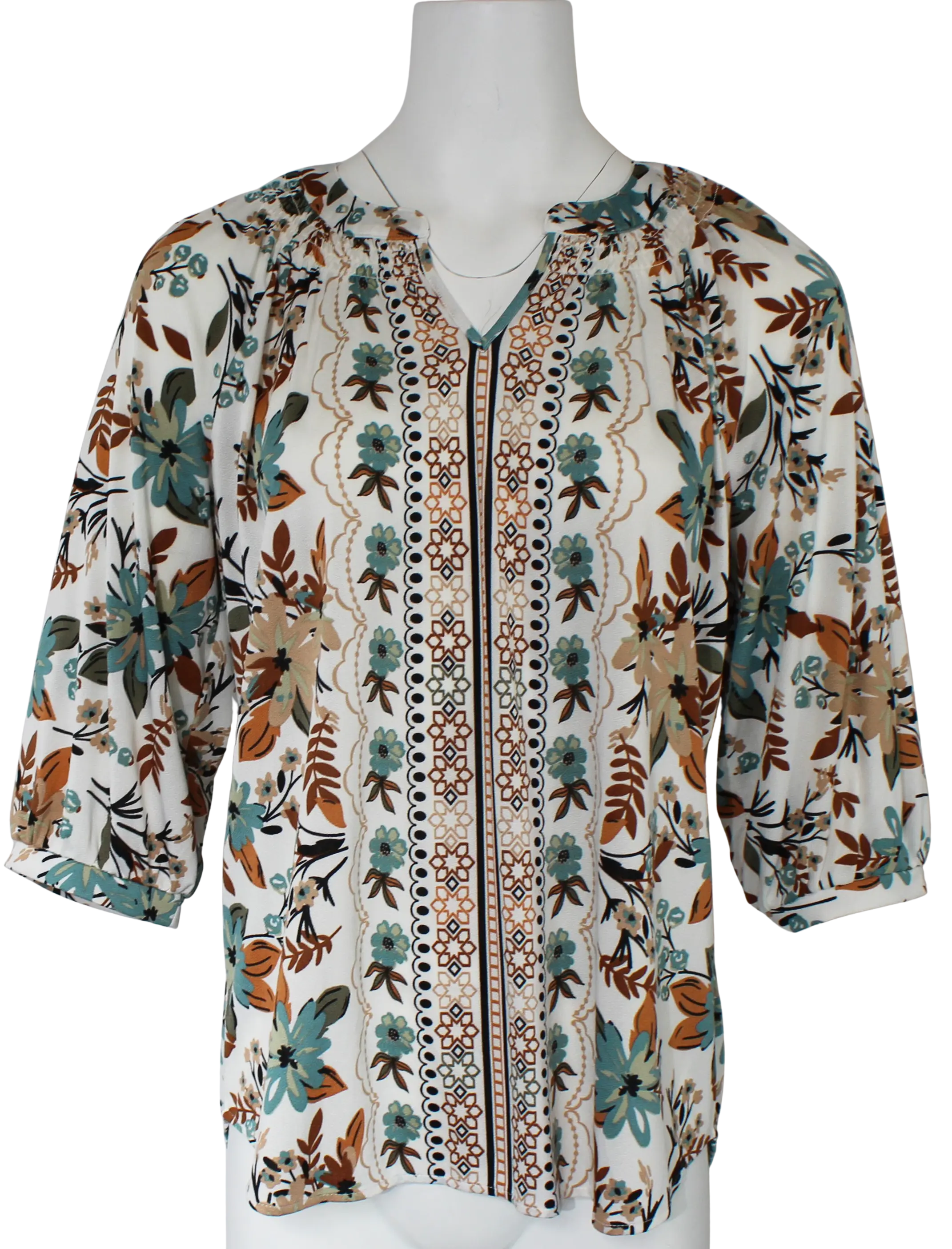 L. Hamrick Camila Print Top – 3/4 Sleeve Floral Blouse  MAPLE BLACK / XL  L HAMRICK