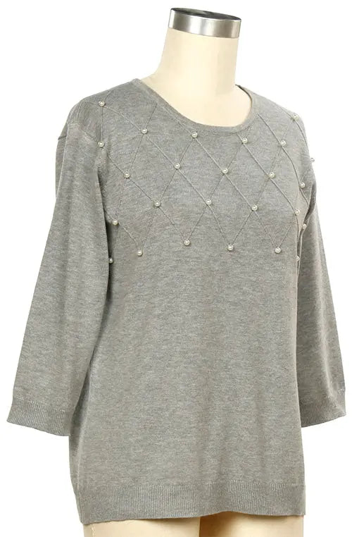 L. Hamrick Diana Sweater w/ Pearls – Elegant Knit Top  LT.GREY / XL  L HAMRICK
