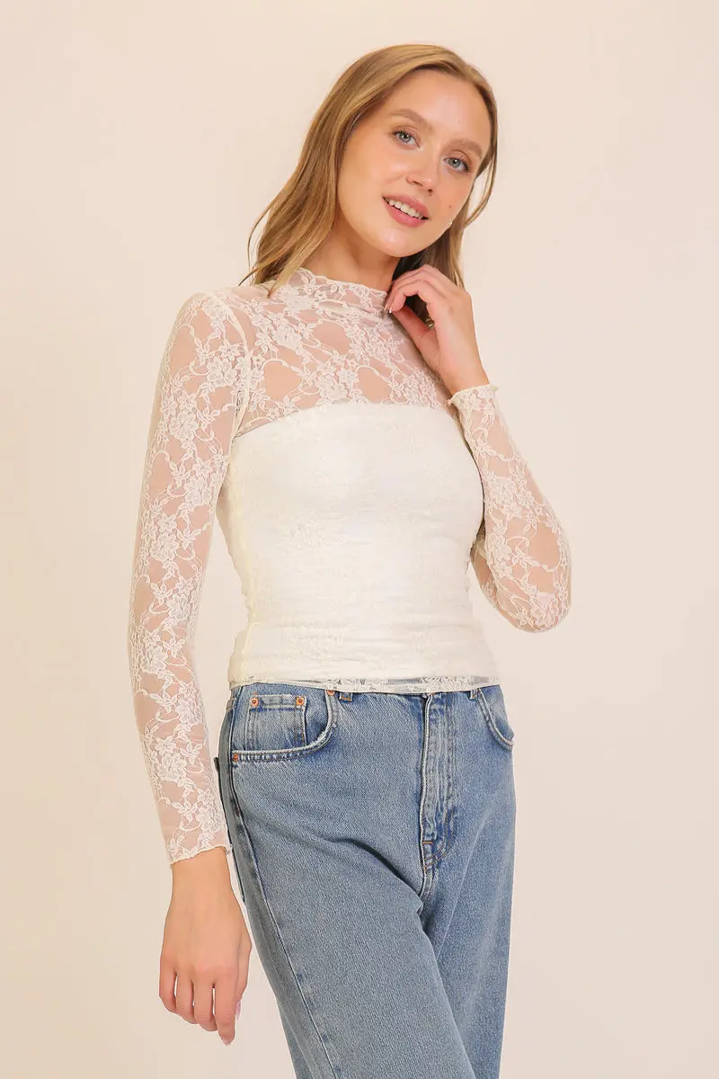 Timing Inc. Gardenveil Lace Top – Elegant Sheer Lace High-Neck Blouse    TIMING INC