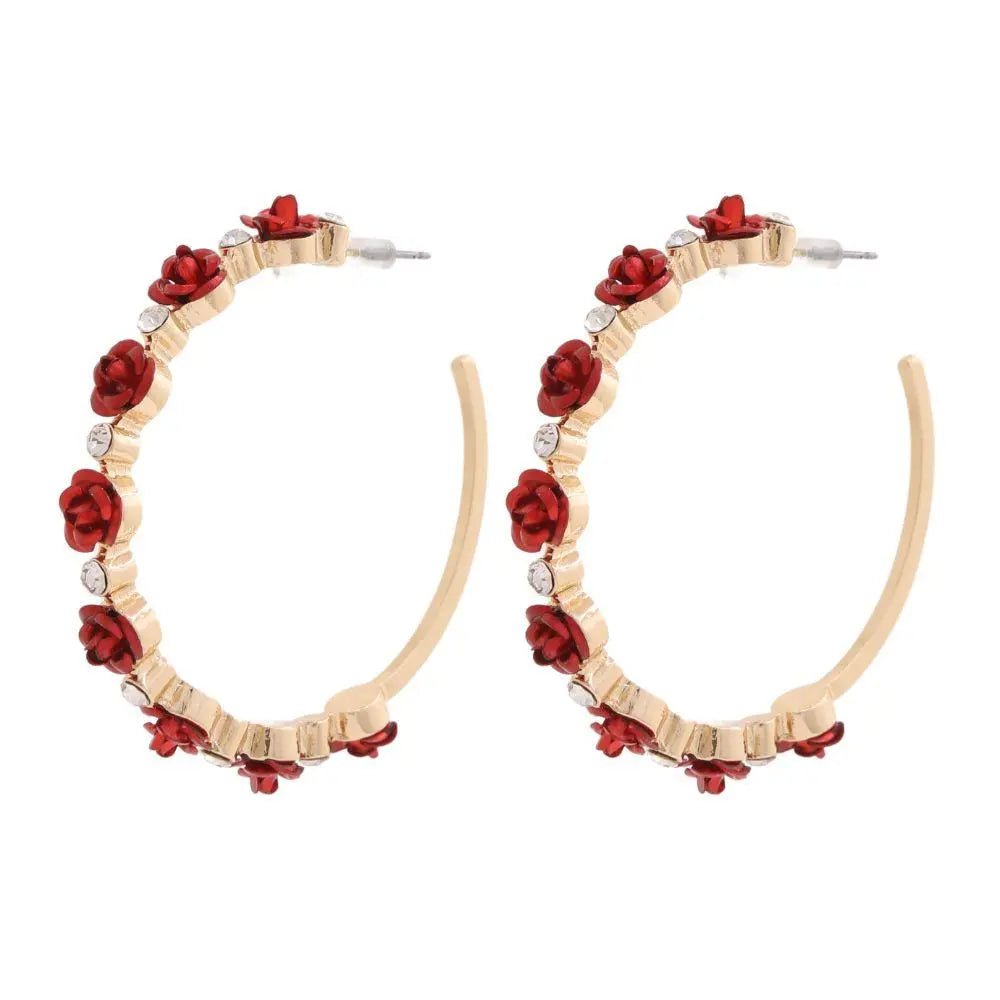 Joia Accessories Bell Rose Gold Hoops – Red Rose & Crystal Hoop Earrings    JOIA TRADING CO.