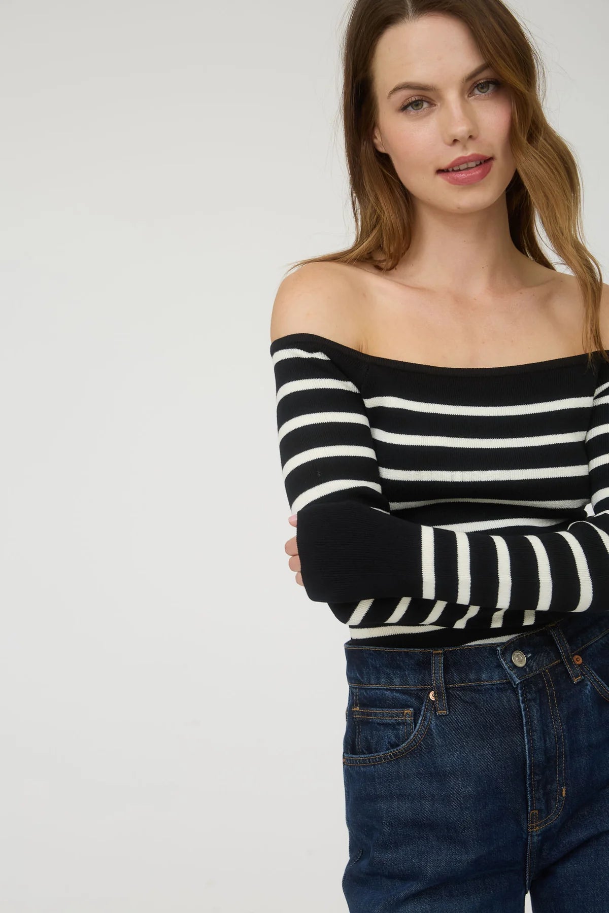 Blu Pepper Striped Cutie Top – Off-Shoulder Ribbed Knit Sweater    BLU PEPPER
