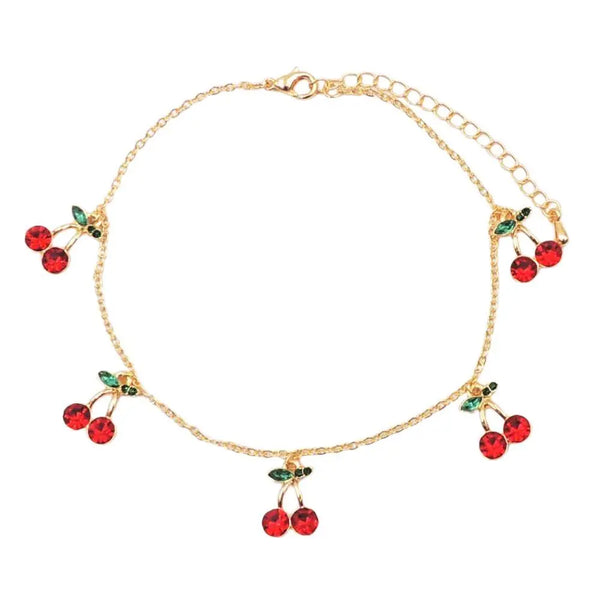 Joia Accessories Cherry Pickin’ Anklet – Gold Chain with Crystal Cherry Charms