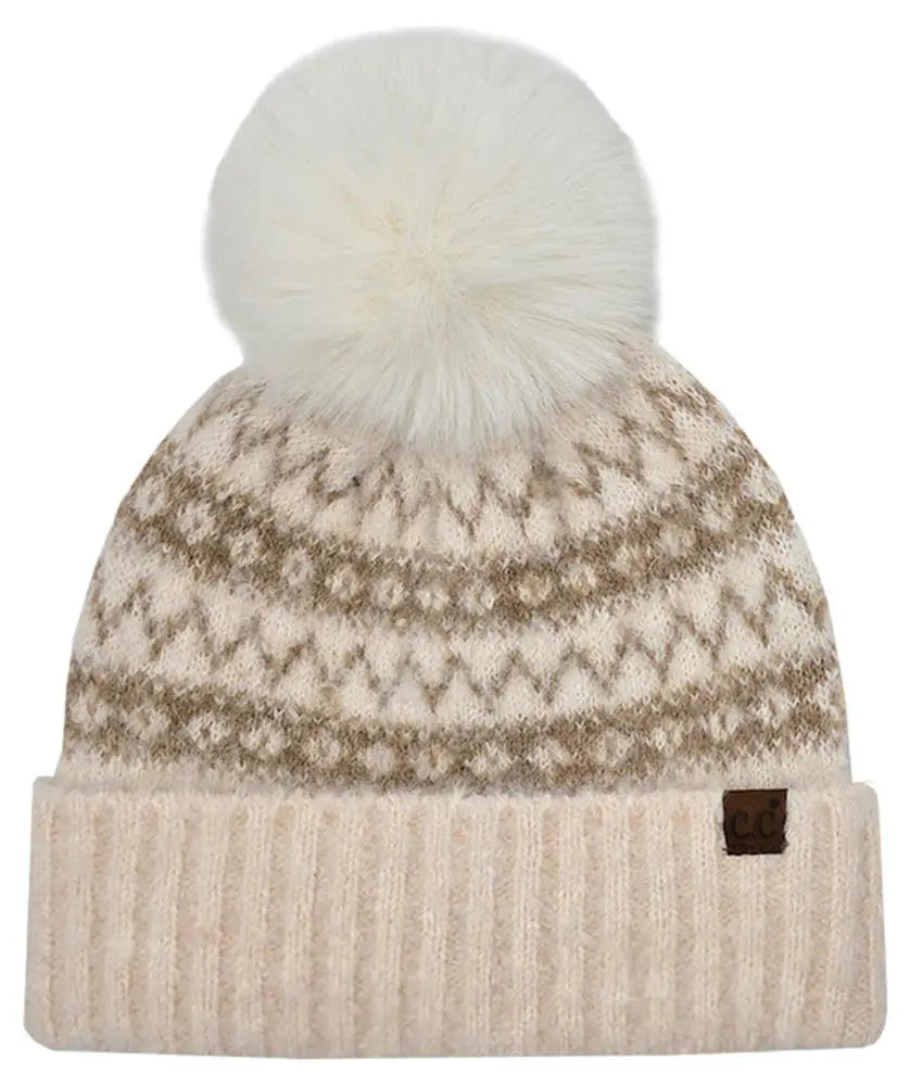 Fair Isle Beanie w/Faux Fur Pom by CC – Women display picture 1