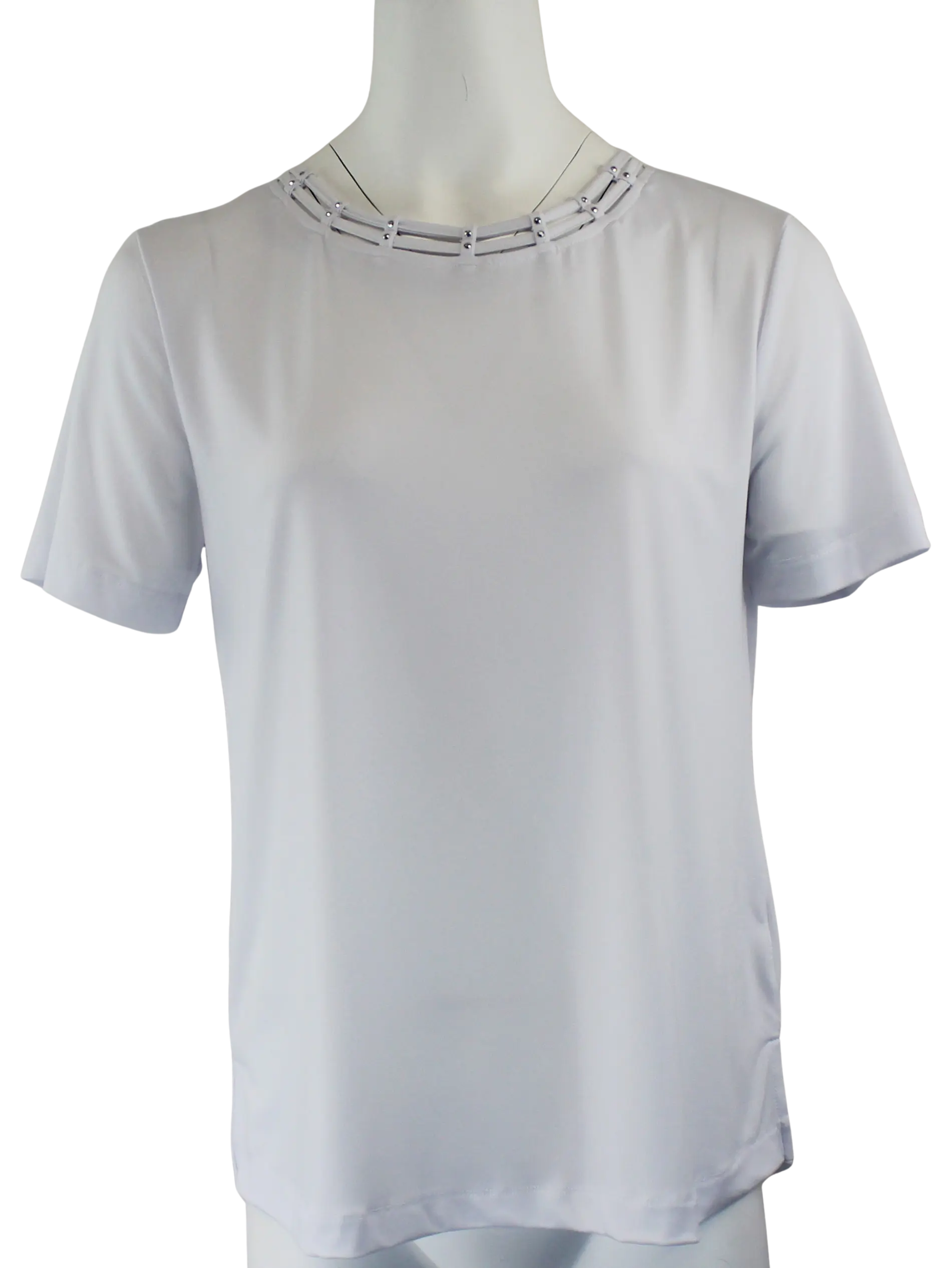 L. Hamrick Eliana Knit Top – Embellished Neck Short Sleeve Stretch Top  WHITE / XL  L HAMRICK