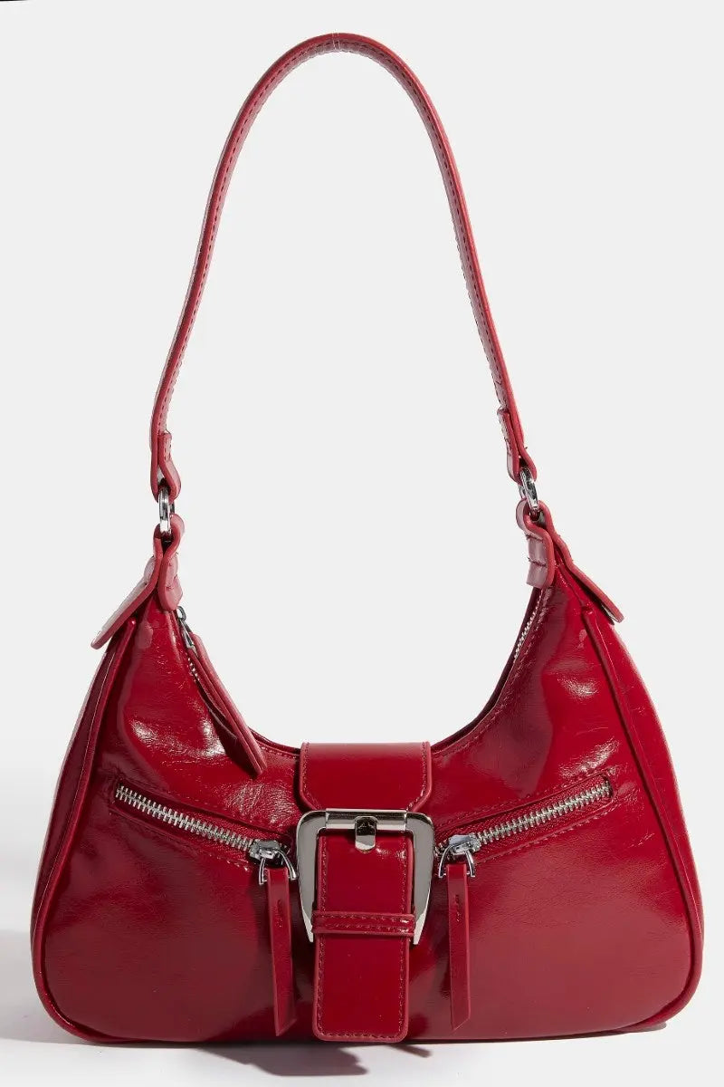 Fame Accessories Becky Buckle Purse – Modern Triple Zip Shoulder Bag  RED  FAME ACCESSORIES