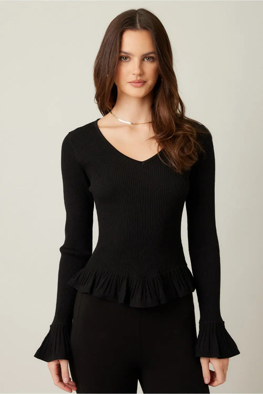 lla Illa Midnight Muse Top – Elegant Knit with Ruffled Hem  BLACK / L  ILLA ILLA