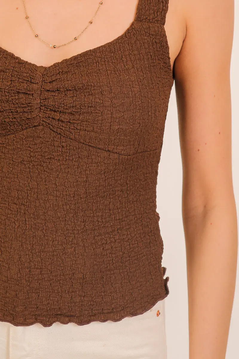 Timing Inc. Espresso Days Top – Smocked Tank with Sweetheart Neckline    TIMING INC