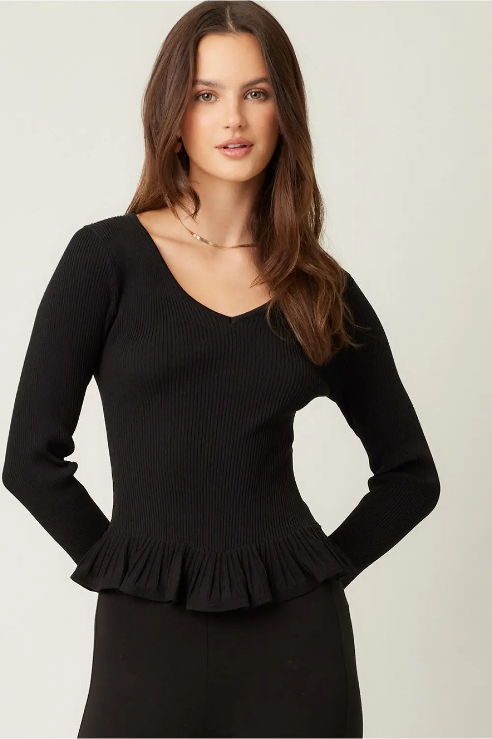 lla Illa Midnight Muse Top – Elegant Knit with Ruffled Hem    ILLA ILLA