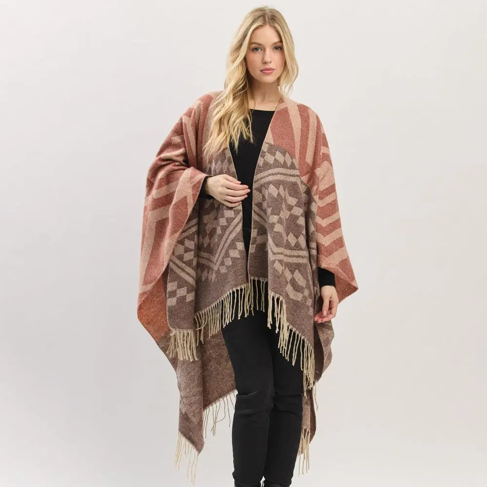Joia Accessories Lucy Aztec Pattern Fringe Shaw Sweater – Boho Chic & Cozy  BROWN / O/S  JOIA TRADING CO.