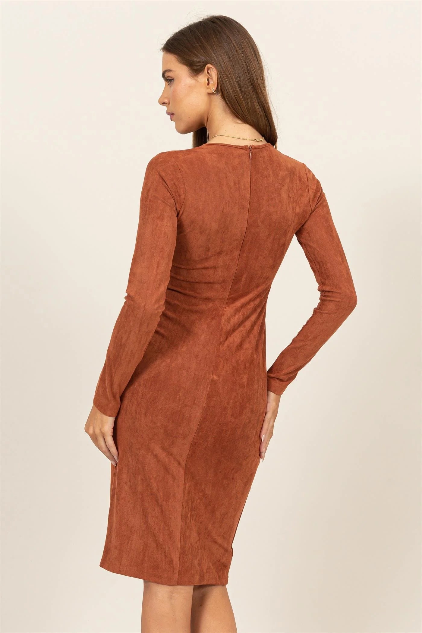 Hyfive Ember Midi Dress – Suede Stretch V-Neck Slit Dress    HYFIVE INC