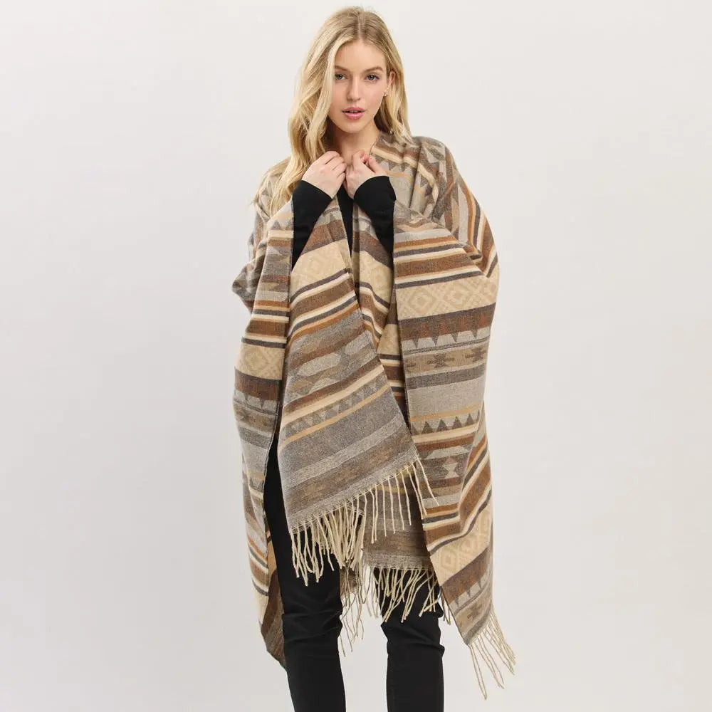 Joia Accessories Lucy Aztec Pattern Fringe Shaw Sweater – Boho Chic & Cozy    JOIA TRADING CO.