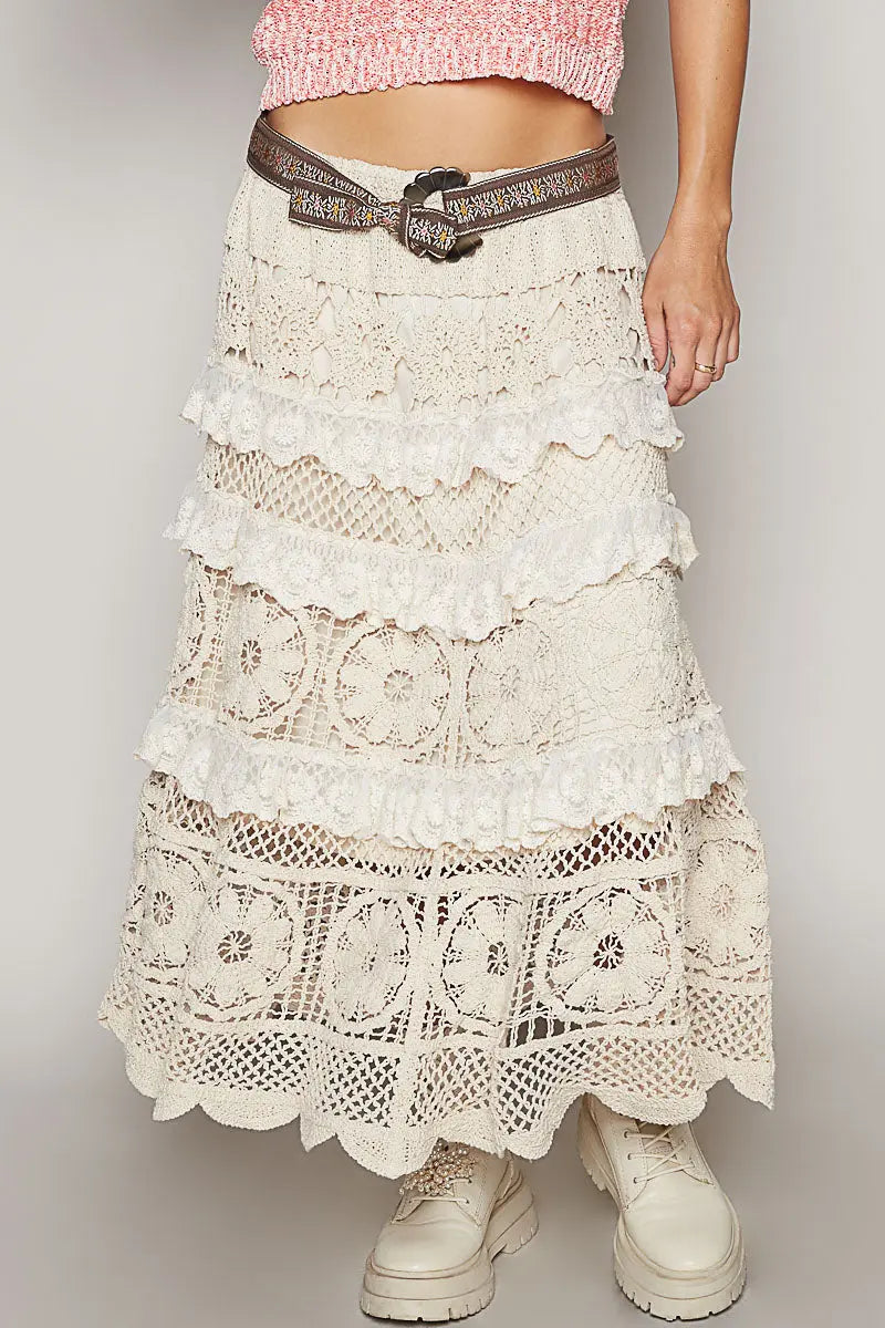 Pol Clothing Inc. Clarissa Woven Skirt – Cotton Crochet Midi with Ruffle Detail  NATURAL-O-S  POL CLOTHING, INC