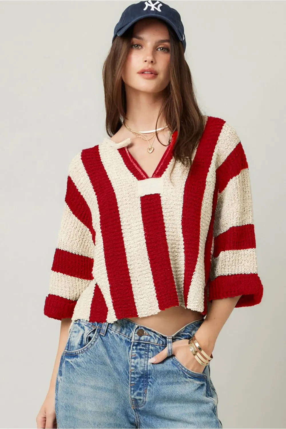 Illa Illa Sailing The Sunset Top – Cropped Striped Knit Sweater  RED / L  ILLA ILLA