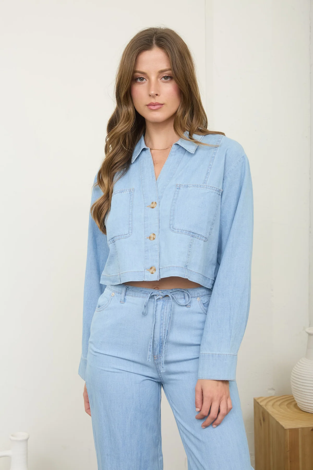Blu Pepper Rosie Denim Crop Top – Button Down Denim Shirt    BLU PEPPER