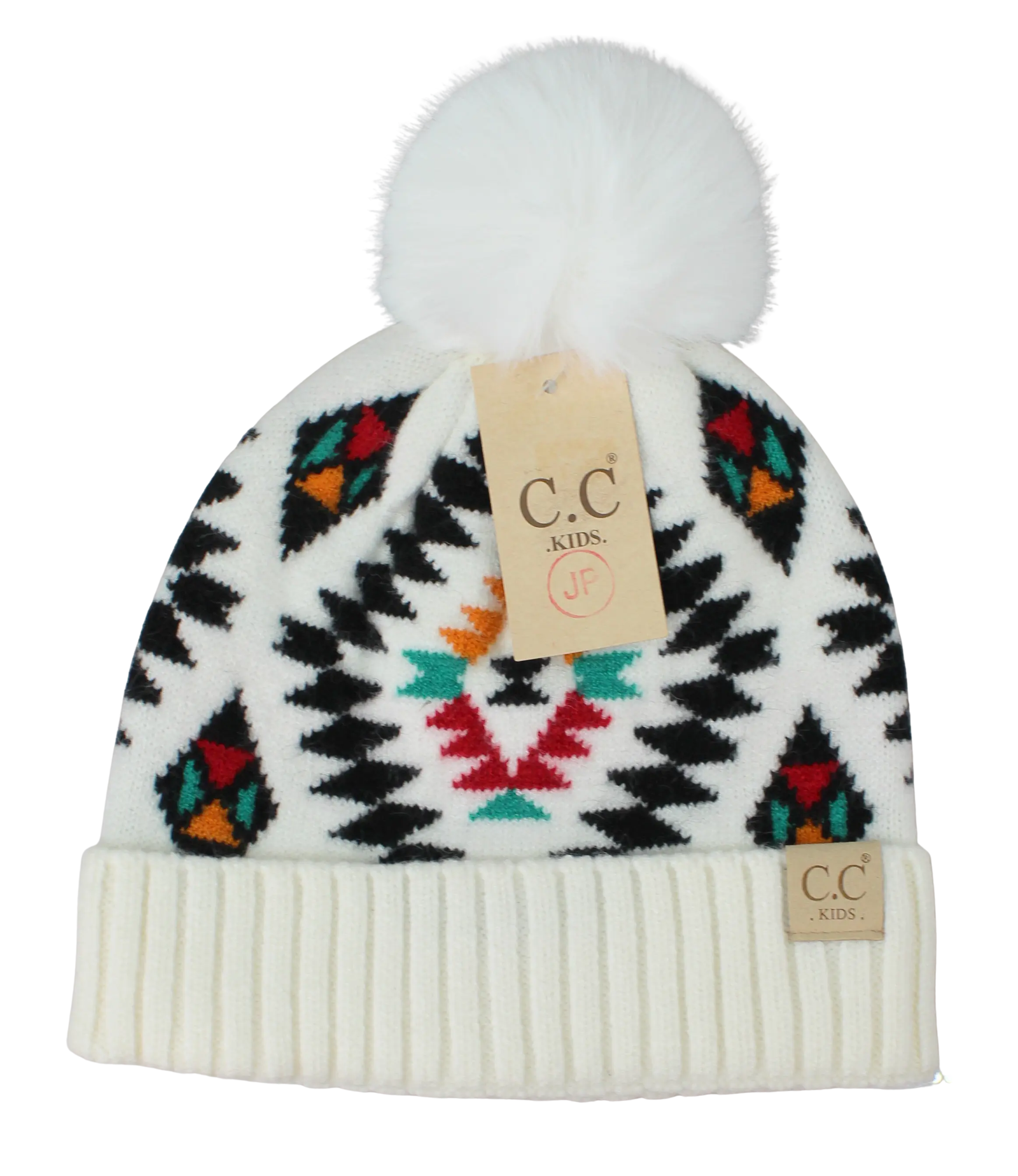 Kids C.C. Aztec Pattern Faux Fur Pom Beanie – Cozy & Stylish Winter Hat  WHITE  CHEVEUX CORP.