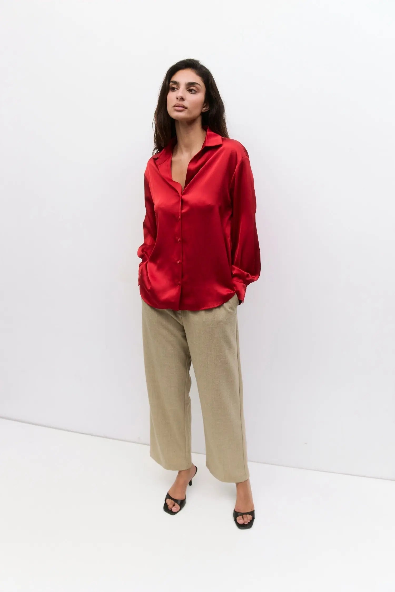 Mod Ref Irina Button Down Top – Satin Long Sleeve Blouse    MOD REF