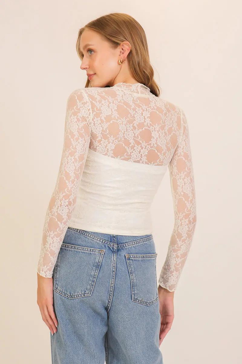 Timing Inc. Gardenveil Lace Top – Elegant Sheer Lace High-Neck Blouse    TIMING INC