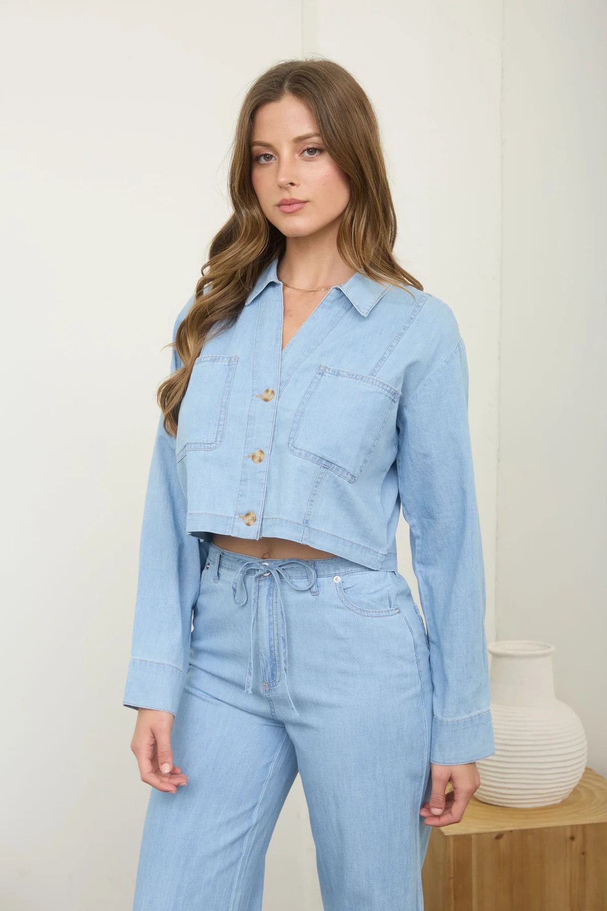 Blu Pepper Rosie Denim Crop Top – Button Down Denim Shirt    BLU PEPPER