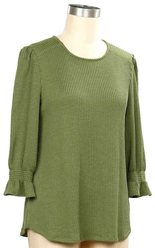 L. Hamrick 3/4 Milo Novelty Solid Top – Ribbed Texture & Smocked Ruffle Detail  MOSSTONE / XL  L HAMRICK