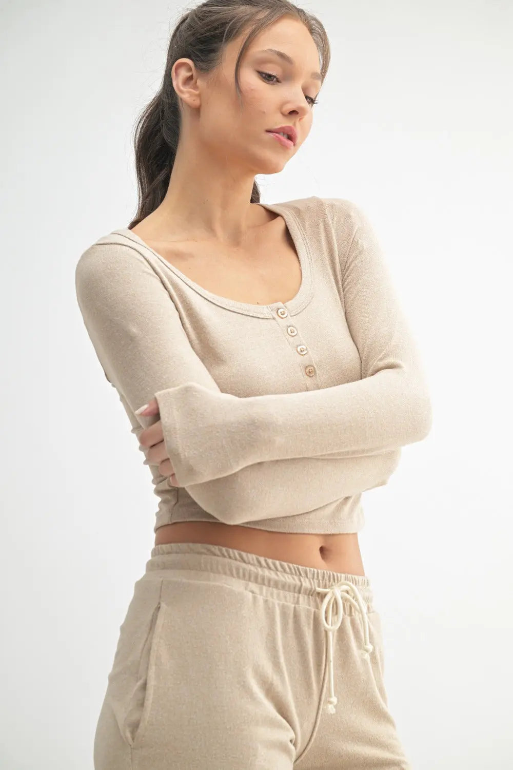 Mono B Billie Top – Brushed Hacci Henley Crop Top    MONO B