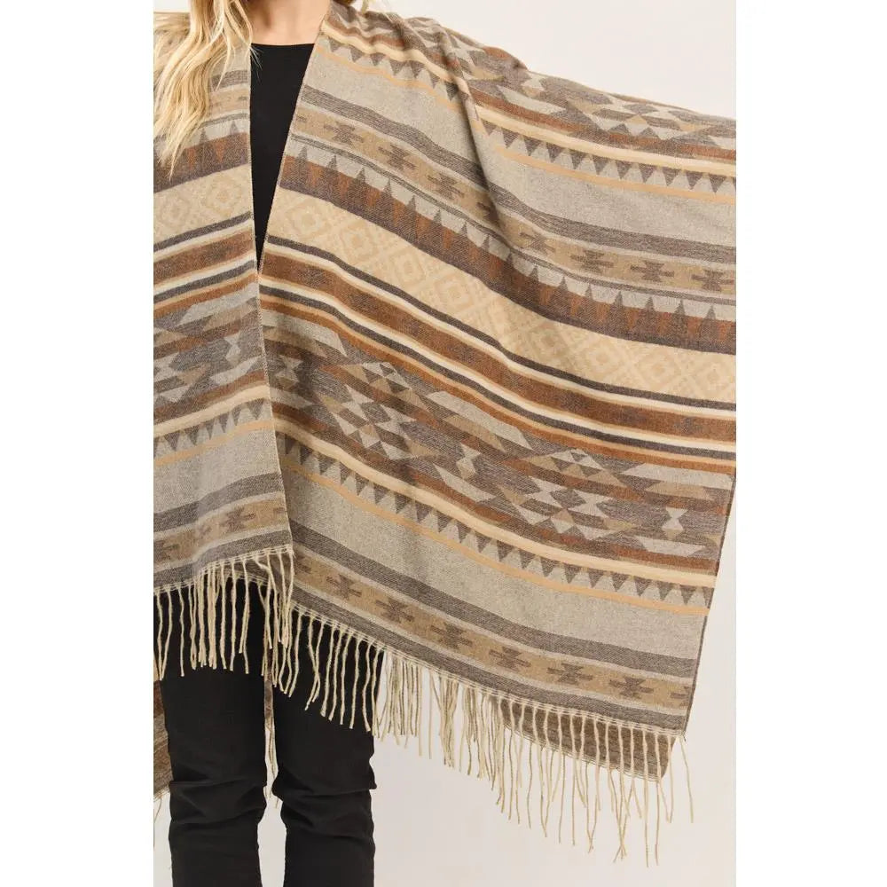 Joia Accessories Lucy Aztec Pattern Fringe Shaw Sweater – Boho Chic & Cozy    JOIA TRADING CO.