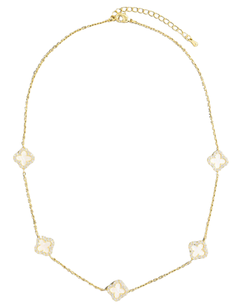 Fame Enchanted Clover Necklace – CZ Clover Station Chain  GOLD/MOP  FAME ACCESSORIES